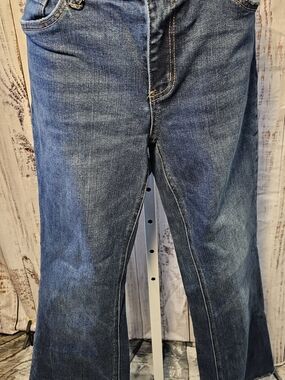 Flying Monkey High Rise Crop Flare Jeans Size 30 Dark Wash Braided Waist Raw Hem